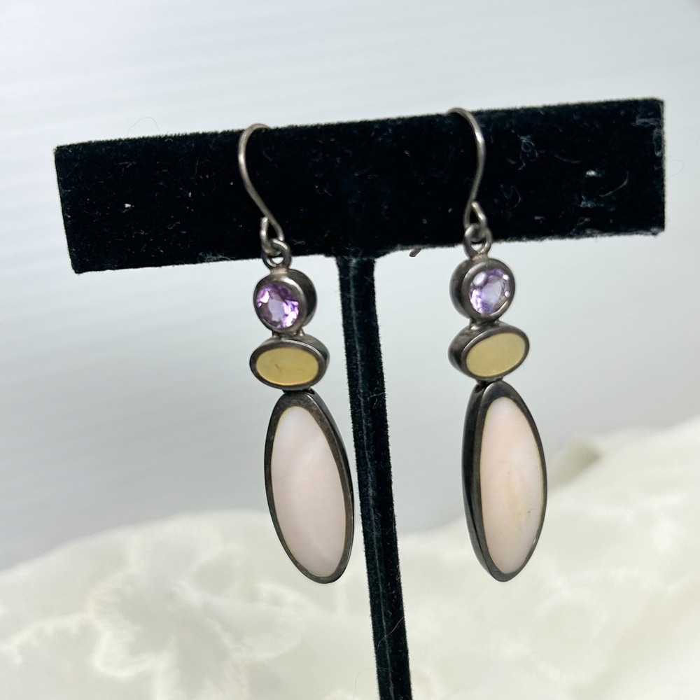 Vintage Sterling Silver Drop Earrings Amethyst/Purple Stone Shell Stone